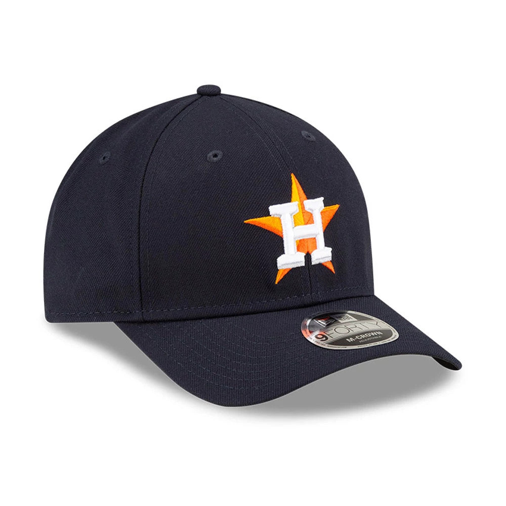 Houston Astros MLB Player Replica Navy New Era 9FORTY M-Crown Adjustable Cap, three-quarter view showing the raised white H logo with an orange star on the front panel, curved visor with 9FORTY size sticker, and navy crown with matching top button.