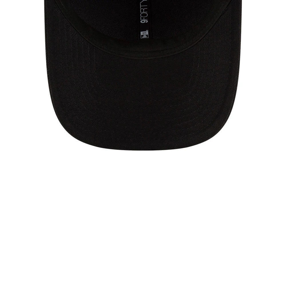 Pittsburgh Pirates MLB Player Replica Black New Era 9FORTY M-Crown Adjustable Cap, inside view showing the black taping and branding label running centrally on the underside of the visor.