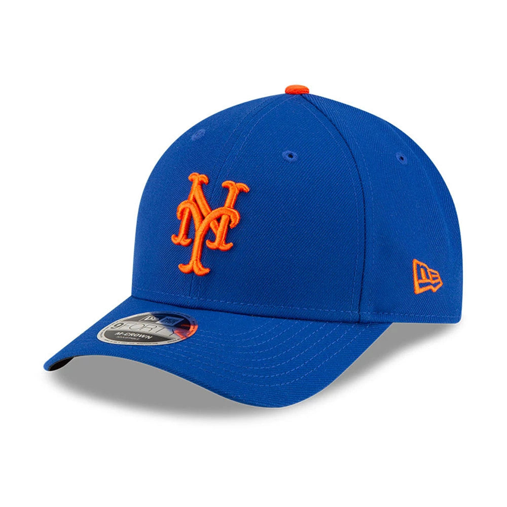 New York Mets MLB Player Replica Blue New Era 9FORTY M-Crown Adjustable Cap, three-quarter view showing the raised orange Mets logo on the front panels, the New Era flag logo on the left side, and the 9FORTY size sticker on the blue visor.
