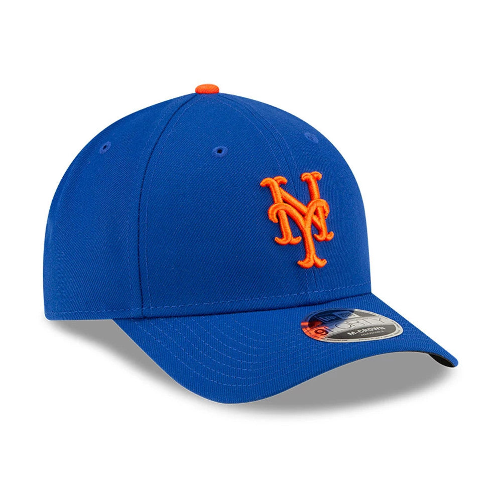 New York Mets MLB Player Replica Blue New Era 9FORTY M-Crown Adjustable Cap, three-quarter view with raised orange NY logo on the front panel and silver 9FORTY size sticker on the blue curved visor.