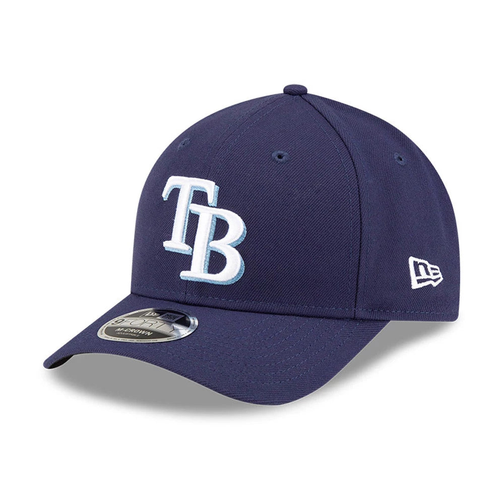 Tampa Bay Rays MLB Player Replica Navy New Era 9FORTY M-Crown Adjustable Cap, front view with raised white and light blue TB logo on the front panel, New Era flag logo on the left side, and 9FORTY size sticker on the navy visor.