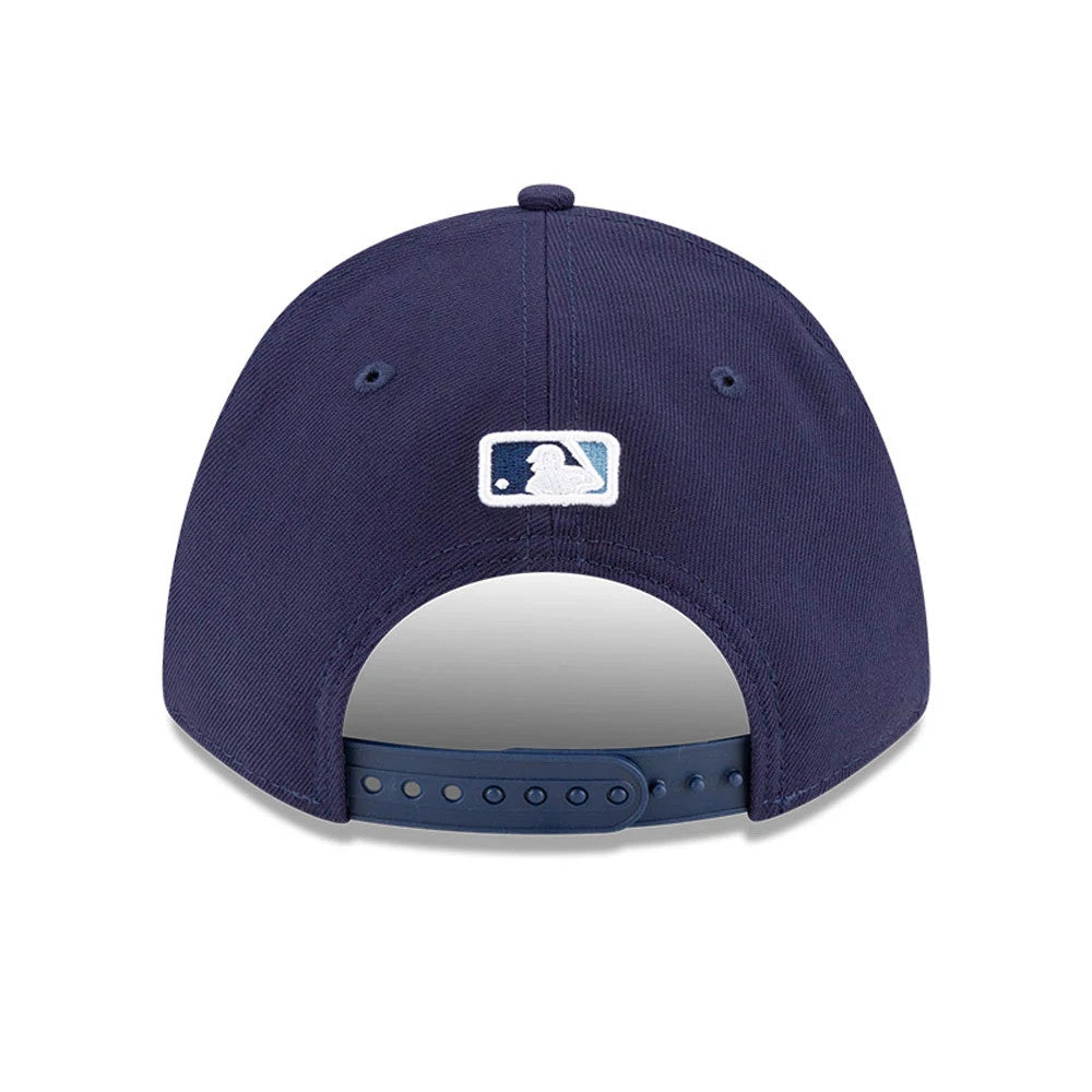 Tampa Bay Rays MLB Player Replica Navy New Era 9FORTY M-Crown Adjustable Cap, rear view showing the embroidered white and navy MLB Batterman logo at the centre back, with an adjustable strap below on the navy crown.