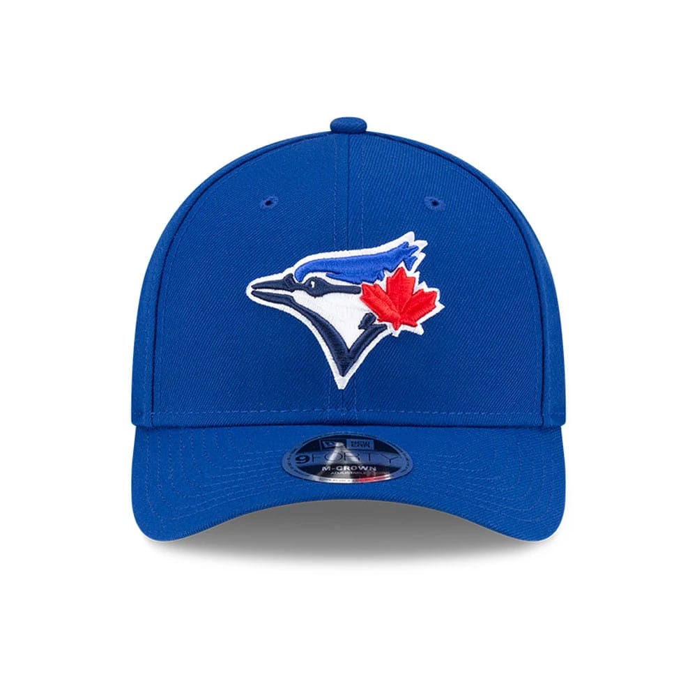 Toronto Blue Jays MLB Player Replica Blue New Era 9FORTY M-Crown Adjustable Cap, front view showing the raised embroidered Blue Jays logo on the front panel and the 9FORTY size sticker on the curved visor.