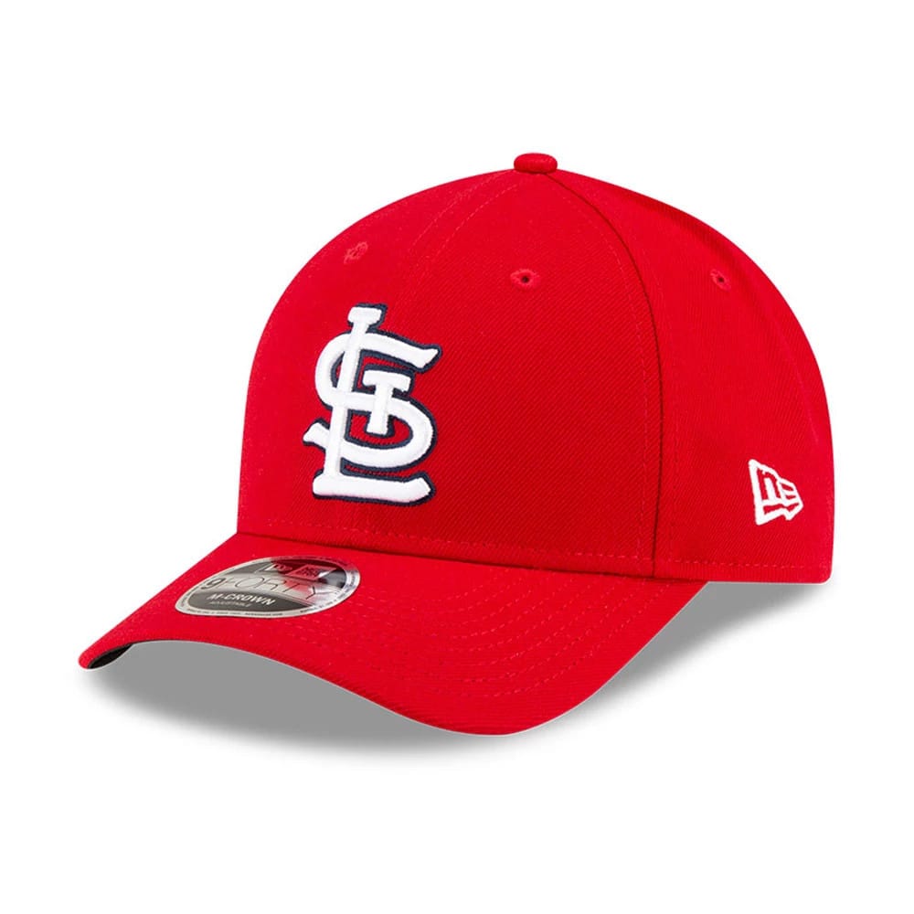 St. Louis Cardinals MLB Player Replica Red New Era 9FORTY M-Crown Adjustable Cap, three-quarter view with raised white STL logo on the front panel, a curved visor featuring a 9FORTY size sticker and New Era flag logo on the left side.