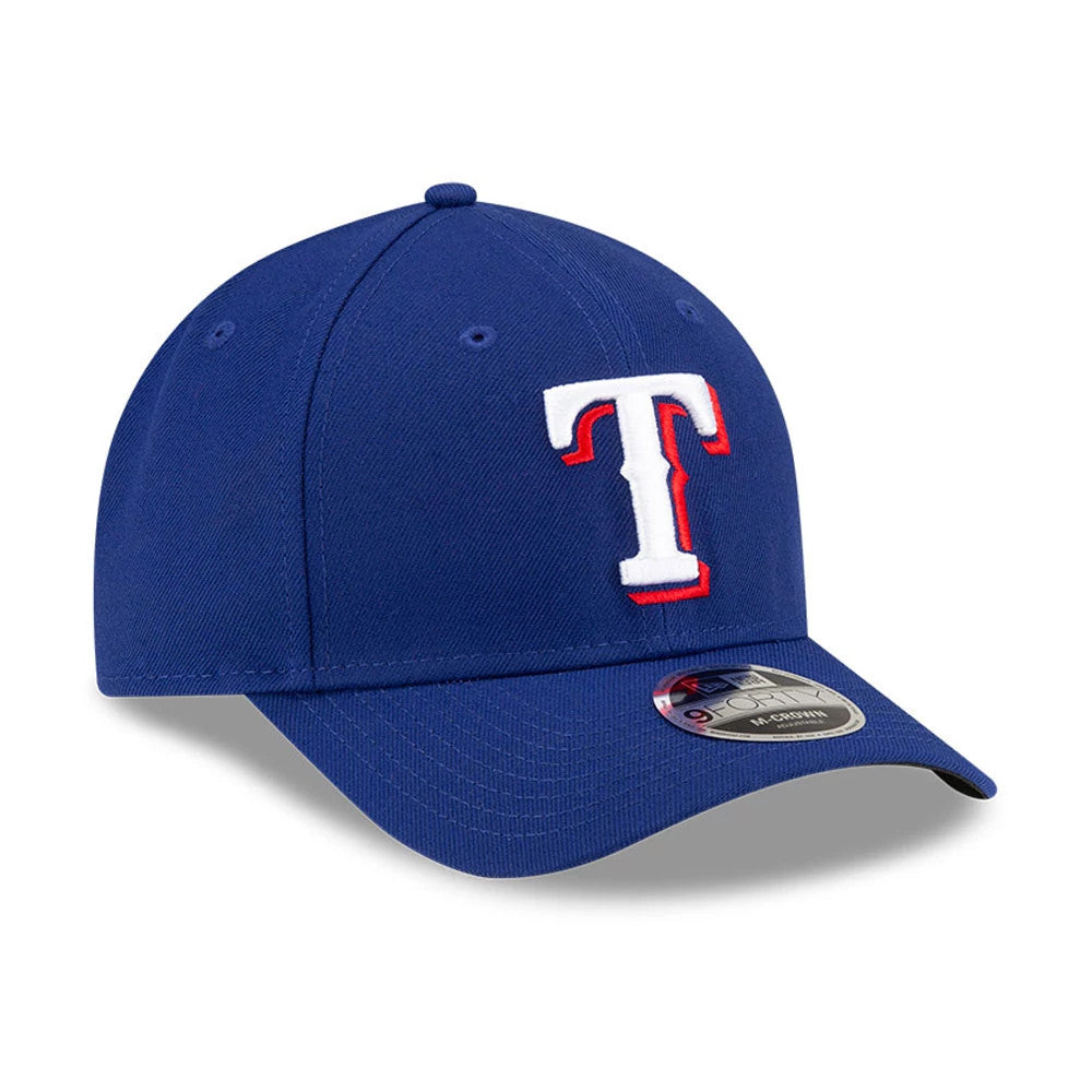 Texas Rangers MLB Player Replica Dark Blue New Era 9FORTY M-Crown Adjustable Cap, front view with a raised white and red embroidered T logo on the front panel, curved visor and 9FORTY size sticker on the dark blue visor.