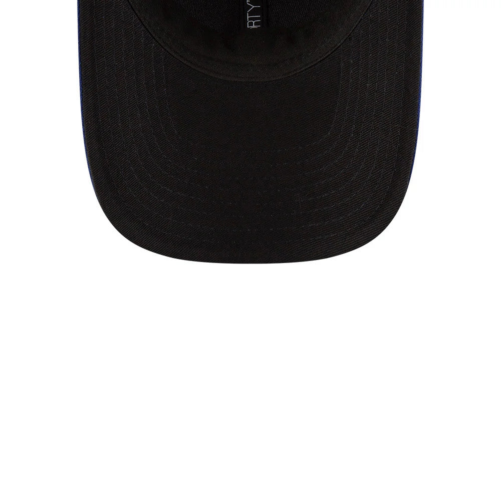 Texas Rangers MLB Player Replica Dark Blue New Era 9FORTY M-Crown Adjustable Cap, inside view showing the black sweatband, dark undervisor and the 9FORTY size sticker placed at the centre of the underside of the visor.