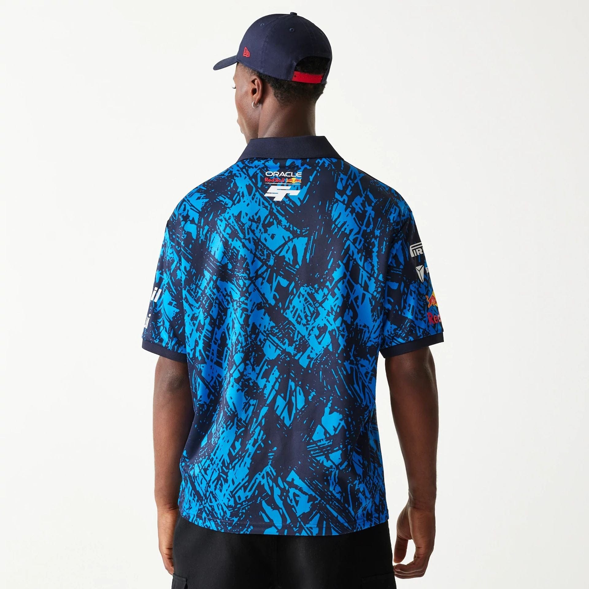 The Male model is wearing Red Bull Sim Racing Dark Blue V-Neck T-Shirt 2