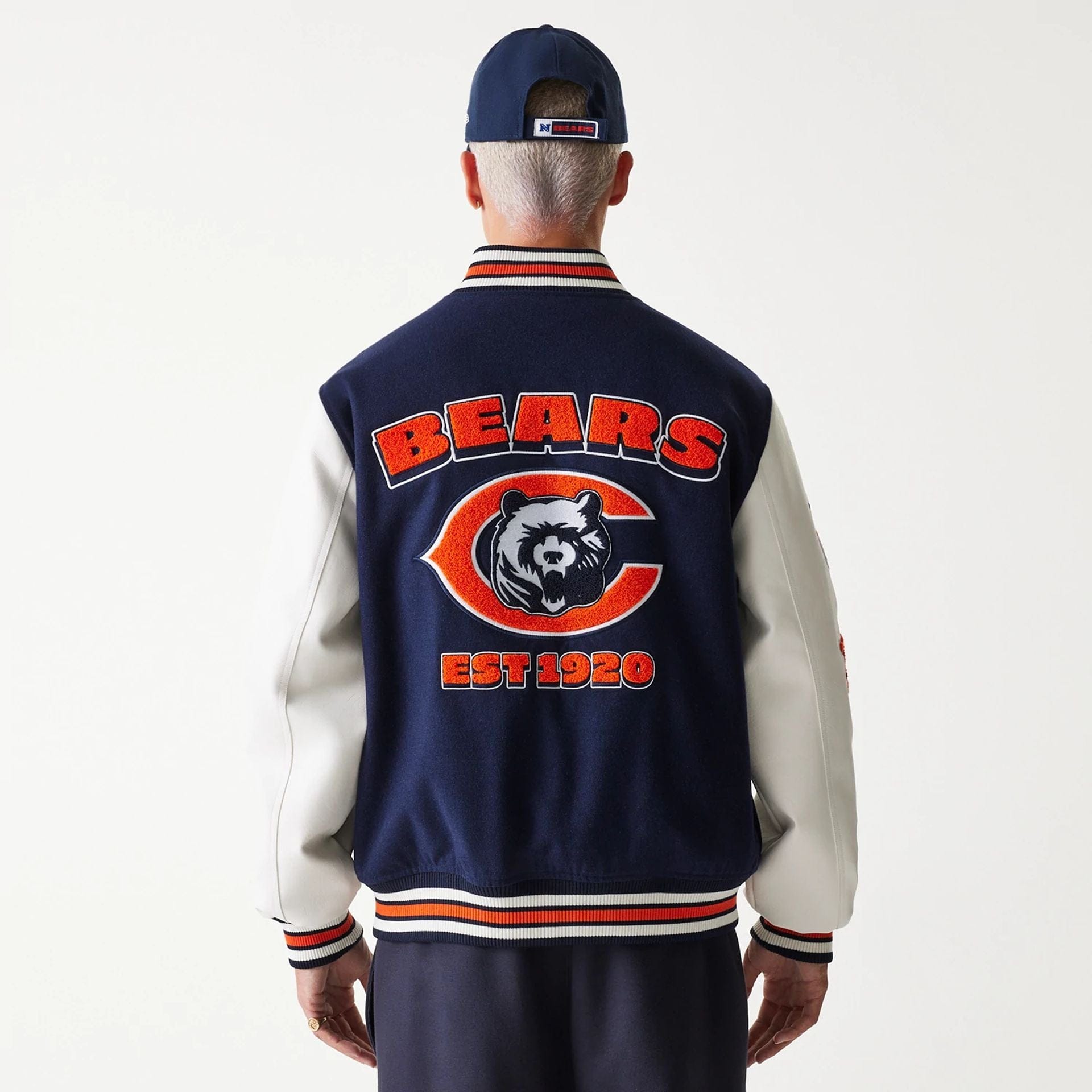 The Male model is wearing Chicago Bears NFL Navy Varsity Jacket 2