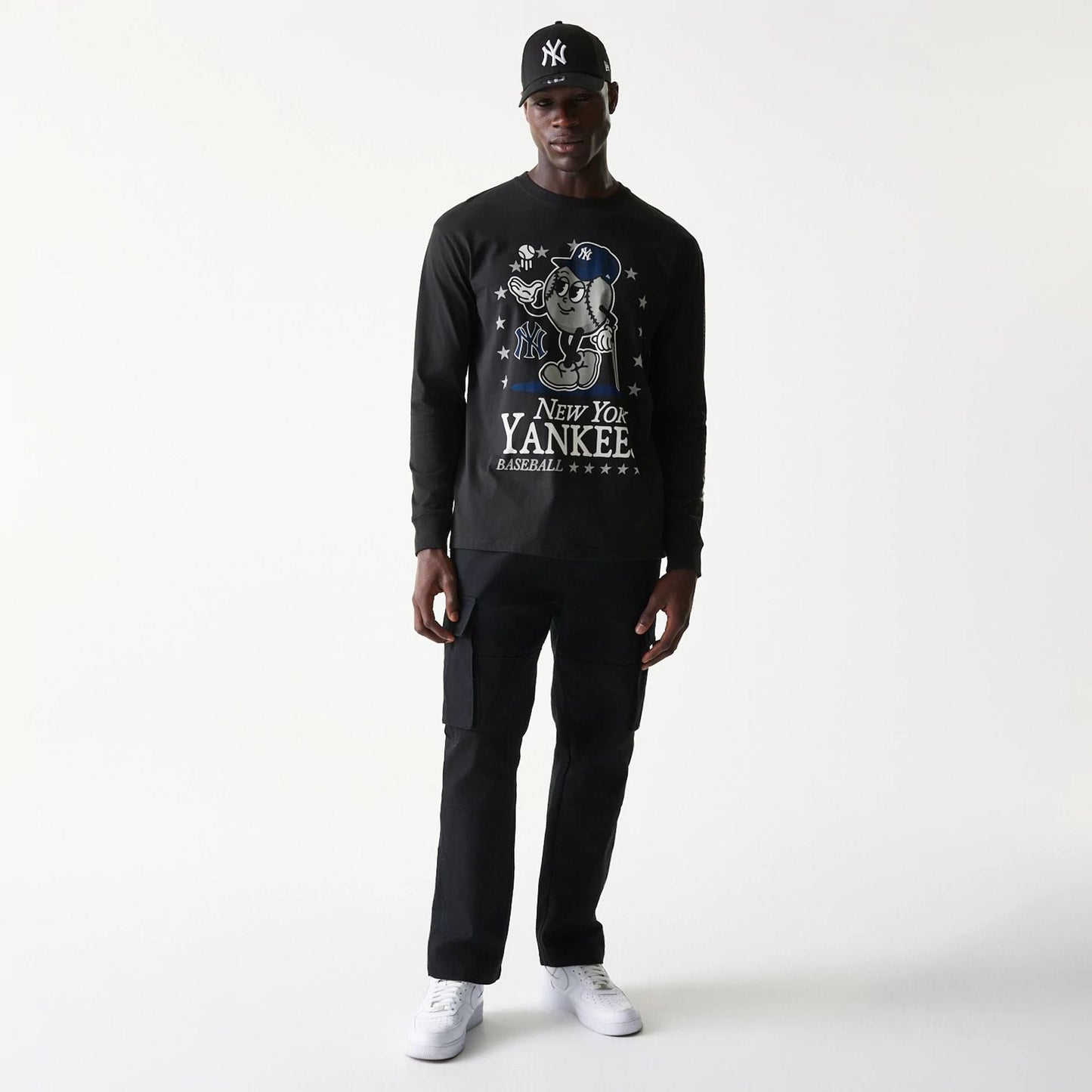 The Male model is wearing New York Yankees MLB Character Black Long Sleeve T-Shirt 8