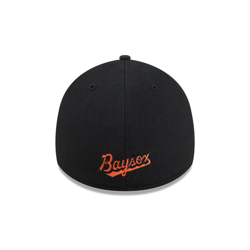 Chesapeake Baysox MiLB Batting Practice Black New Era 39THIRTY Stretch Fit Cap, rear view showing the orange embroidered Baysox lettering across the lower back of the structured black crown, with eyelets and top button matching the crown colour.