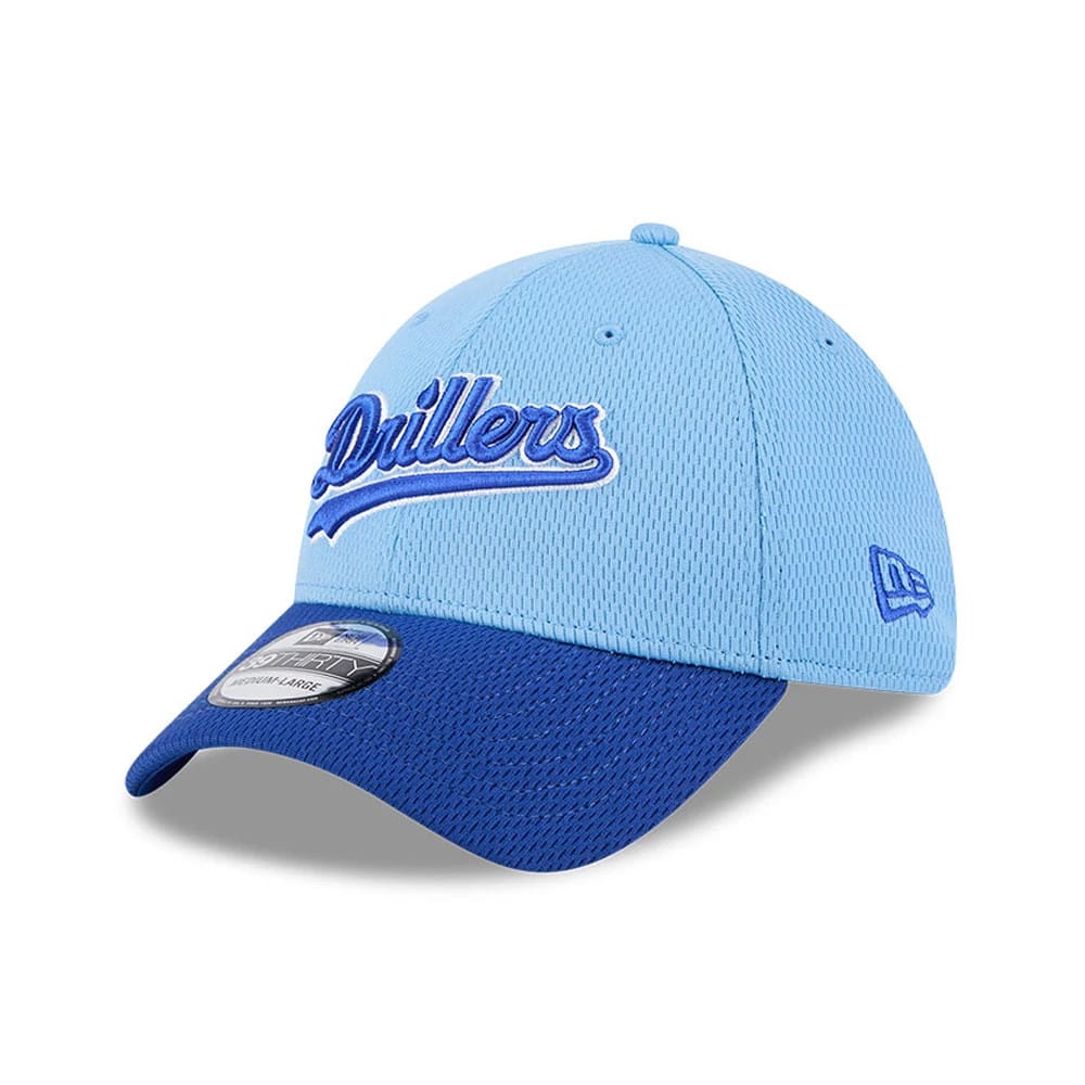 Pictured is this MiLB Batting Practice Tulsa Drillers 39THIRTY Stretch Fit cap in pastel blue. 1