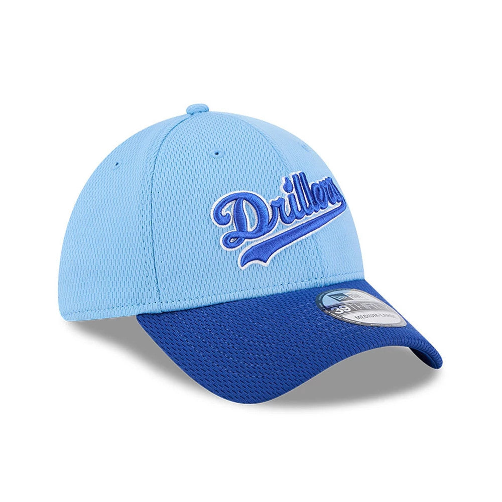 Tulsa Drillers MiLB Batting Practice Pastel Blue New Era 39THIRTY Stretch Fit Cap, three-quarter view showing blue embroidered Drillers script on the front panel, contrasting blue curved visor, and 39THIRTY size sticker.