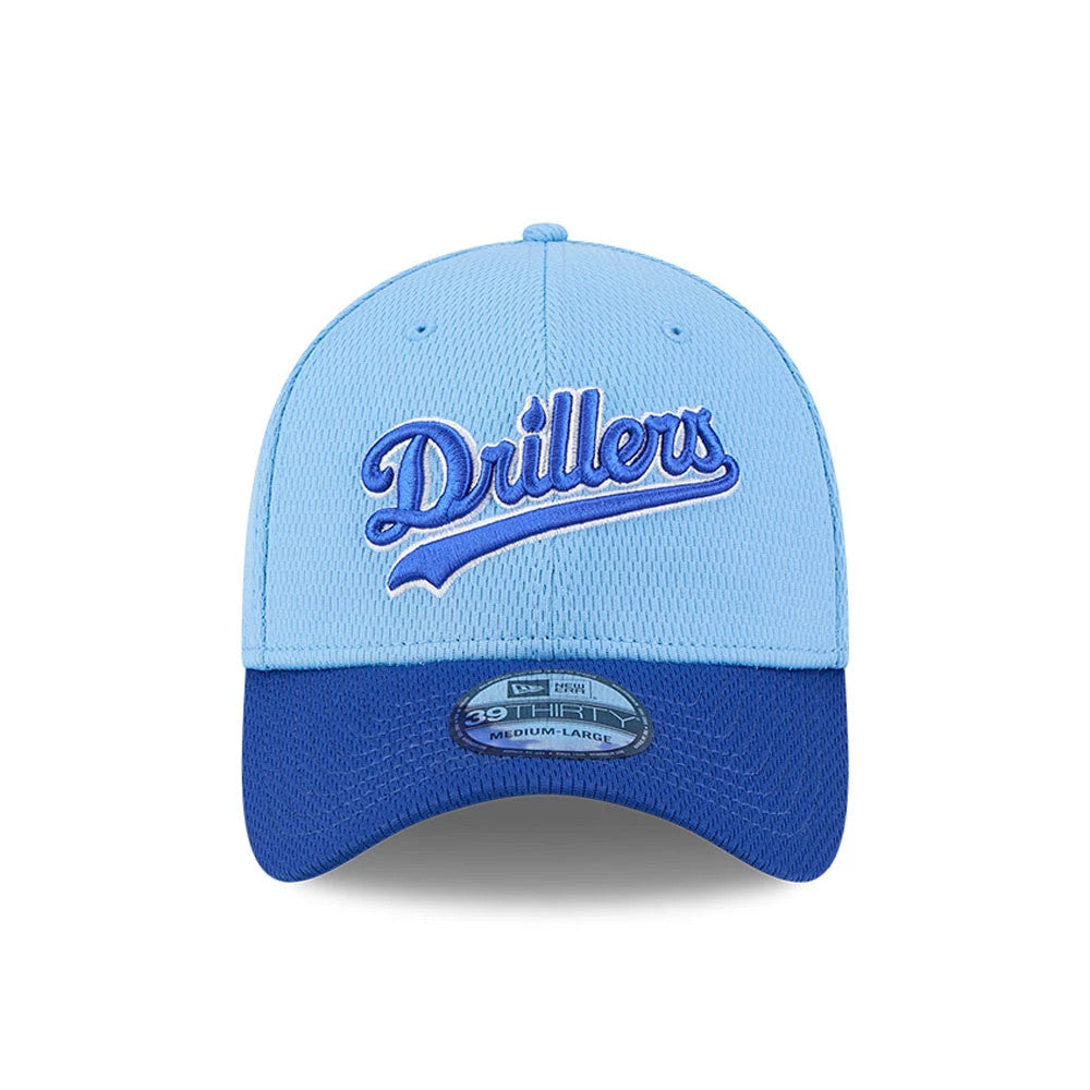 Tulsa Drillers MiLB Batting Practice Pastel Blue New Era 39THIRTY Stretch Fit Cap, front view showing raised blue Drillers script logo on the front panel and contrasting blue visor with a 39THIRTY size sticker.