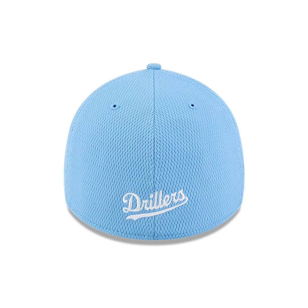 Tulsa Drillers MiLB Batting Practice Pastel Blue New Era 39THIRTY Stretch Fit Cap, rear view showing the embroidered white Drillers script logo centred on the pastel blue mesh crown under the top button.