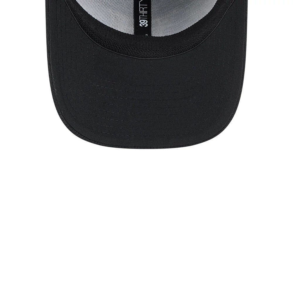 Timber Rattlers MiLB Batting Practice Black New Era 39THIRTY Stretch Fit Cap, inside view showing the black sweatband and white taping with 39THIRTY branding on grey background under the black visor.