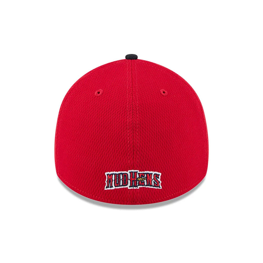 Toledo Mud Hens MiLB Batting Practice Red New Era 39THIRTY Stretch Fit Cap, rear view showing the Mud Hens logo embroidered in white and blue across the lower part of the red structured crown, beneath a central black top button.