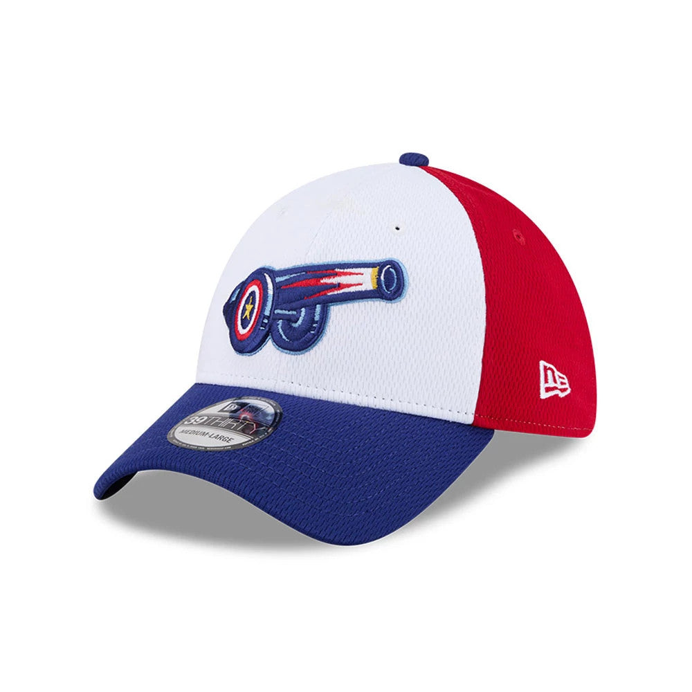 Cannon Ballers MiLB Batting Practice Navy New Era 39THIRTY Stretch Fit Cap, three-quarter view showing a multi-coloured cannon logo embroidered on the front panel, navy visor and 39THIRTY size sticker, with the New Era flag logo on the red left side.