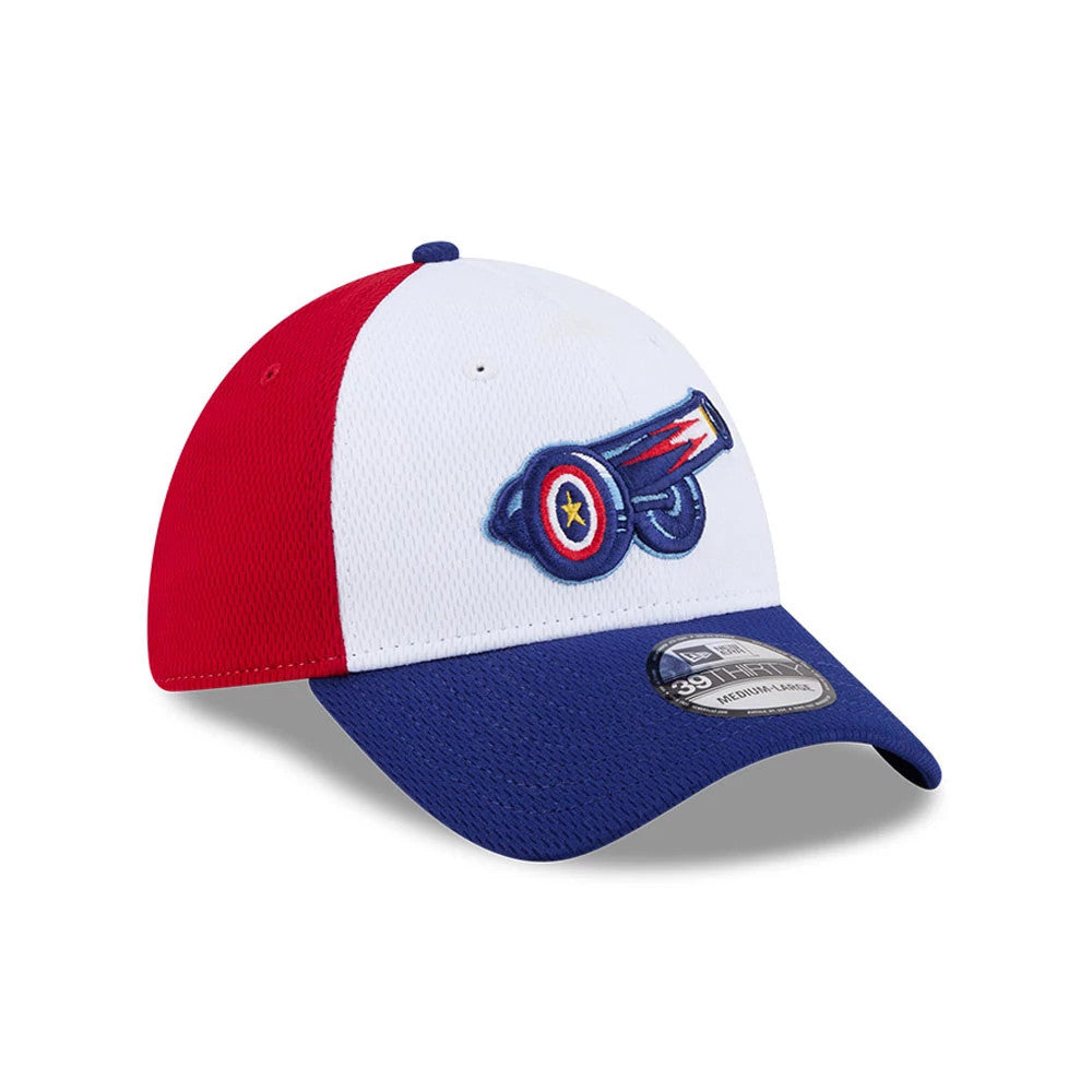 Cannon Ballers MiLB Batting Practice Navy New Era 39THIRTY Stretch Fit Cap, three-quarter view showing a raised embroidered cannon logo on the white front panel, navy curved visor with 39THIRTY size sticker, and red side panels with a top button.