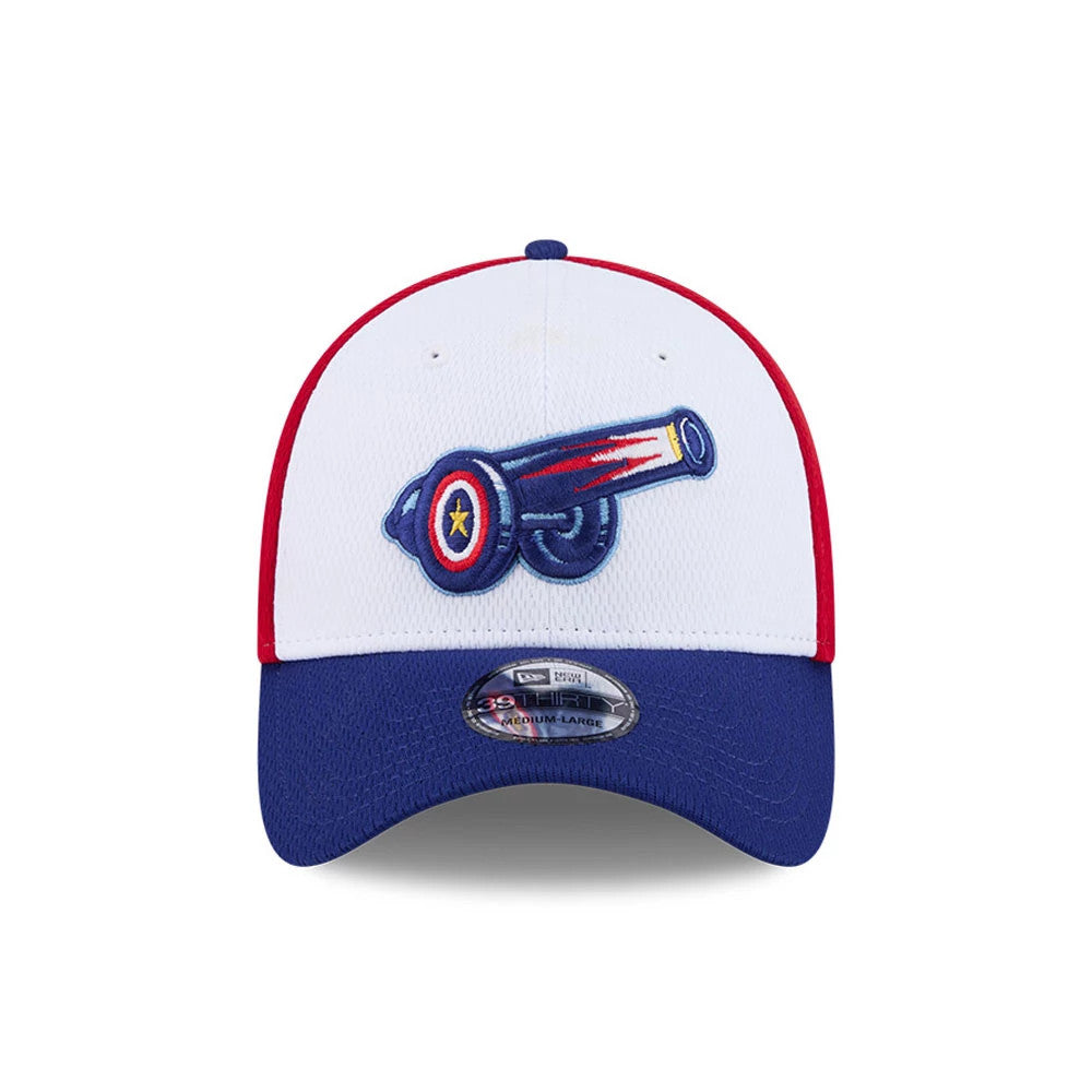Cannon Ballers MiLB Batting Practice Navy New Era 39THIRTY Stretch Fit Cap, front view showing the red and navy embroidered cannon logo on the structured white crown, complete with a navy curved visor and 39THIRTY size sticker.