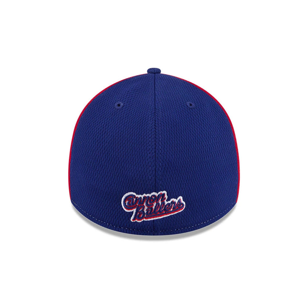 Cannon Ballers MiLB Batting Practice Navy New Era 39THIRTY Stretch Fit Cap, rear view showing the white and red embroidered Cannon Ballers logo centred low on the navy crown with red contrast stitching and eyelets.