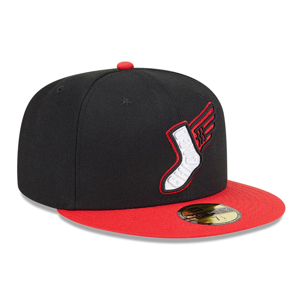 Chicago White Sox MLB City Connect Black New Era 59FIFTY Fitted Cap, three-quarter view showing a white sock logo with Chicago lettering and red wings on the front panel, with a contrasting red visor and a gold 59FIFTY size sticker.