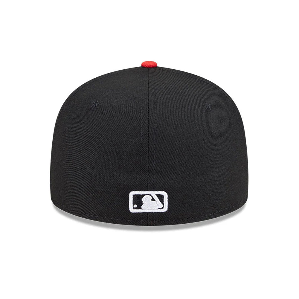 Chicago White Sox MLB City Connect Black New Era 59FIFTY Fitted Cap, rear view showing the white embroidered MLB Batterman logo at the centre back, with a red top button on the black structured crown.