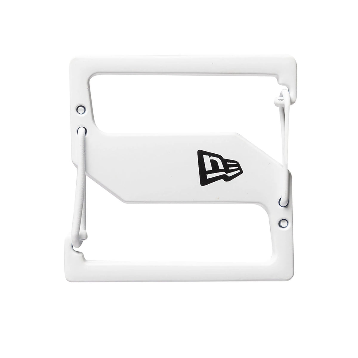 New Era White Cap Clip, front view showing the rectangular design with a centred black New Era flag logo and a white elastic cord looped through two side holes for attaching to a cap.