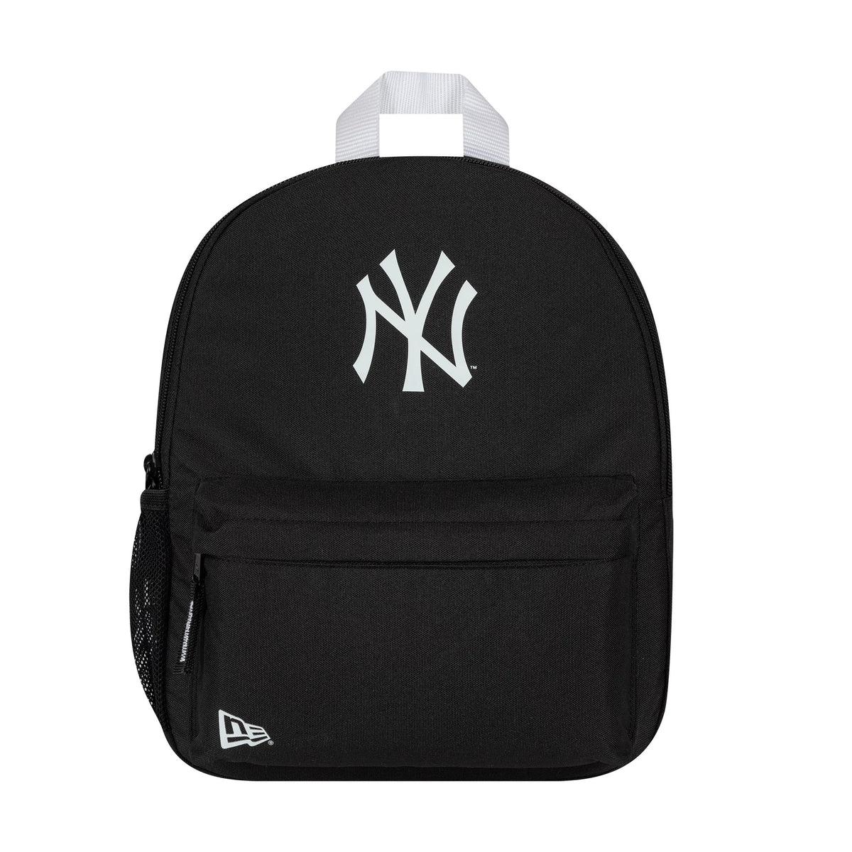 New Era New York Yankees MLB Black Stadium Mini Backpack, front view showing a large white raised NY logo centred on the black backpack, a front pocket with a zip, white carry handle at the top and a small raised New Era logo on the lower left.
