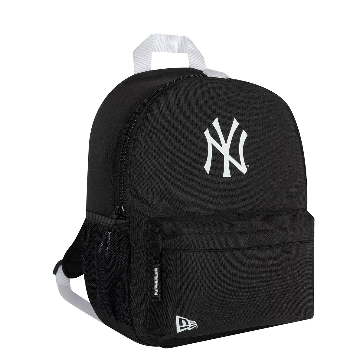 New Era New York Yankees MLB Black Stadium Mini Backpack, three-quarter view showing the black backpack with a white Yankees logo debossed on the upper front, a front zip pocket with a debossed New Era logo, and side mesh pocket.