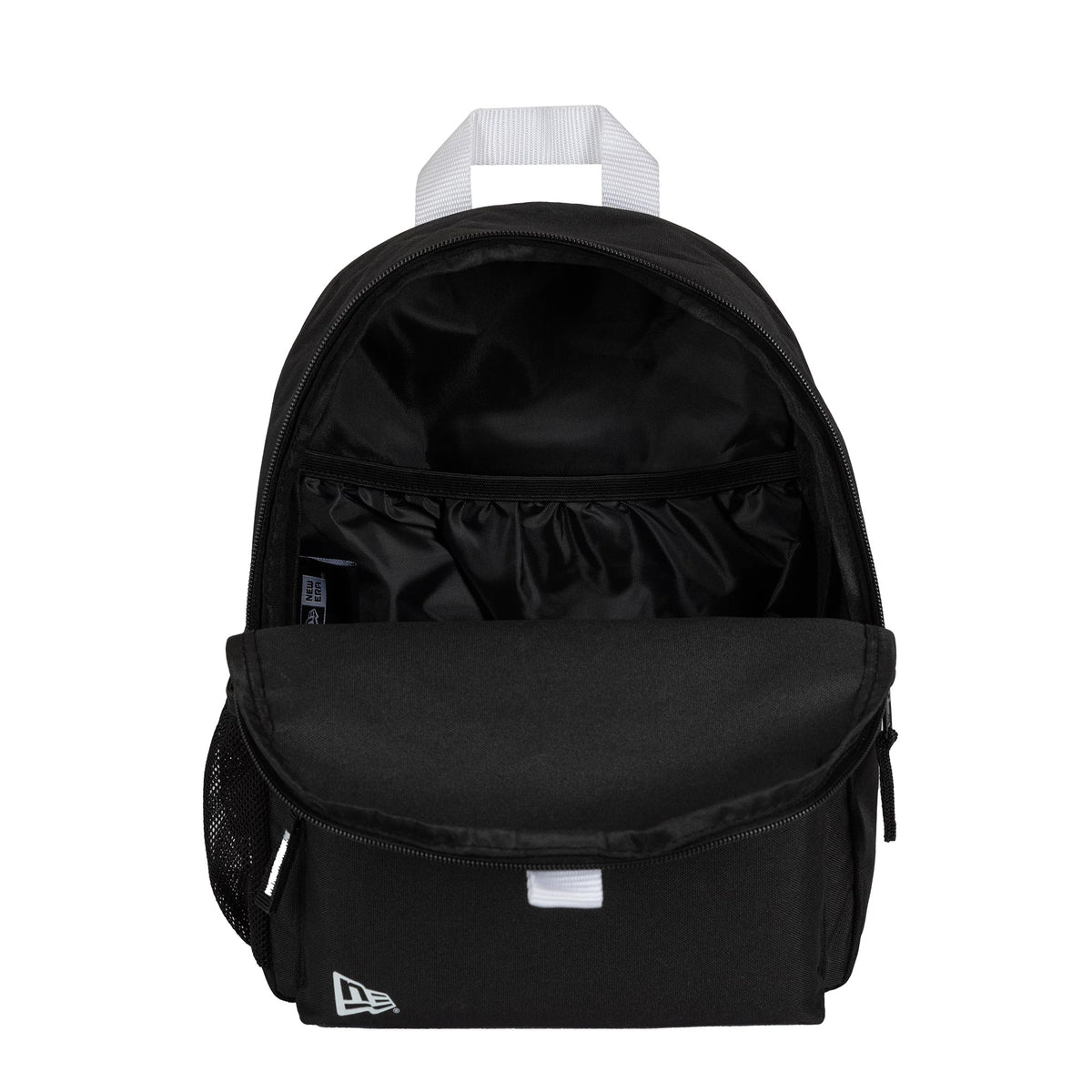 New Era New York Yankees MLB Black Stadium Mini Backpack, open view showing the unzipped main compartment and inside pocket, with a debossed New Era logo on the lower front right corner and a white carry handle on top.