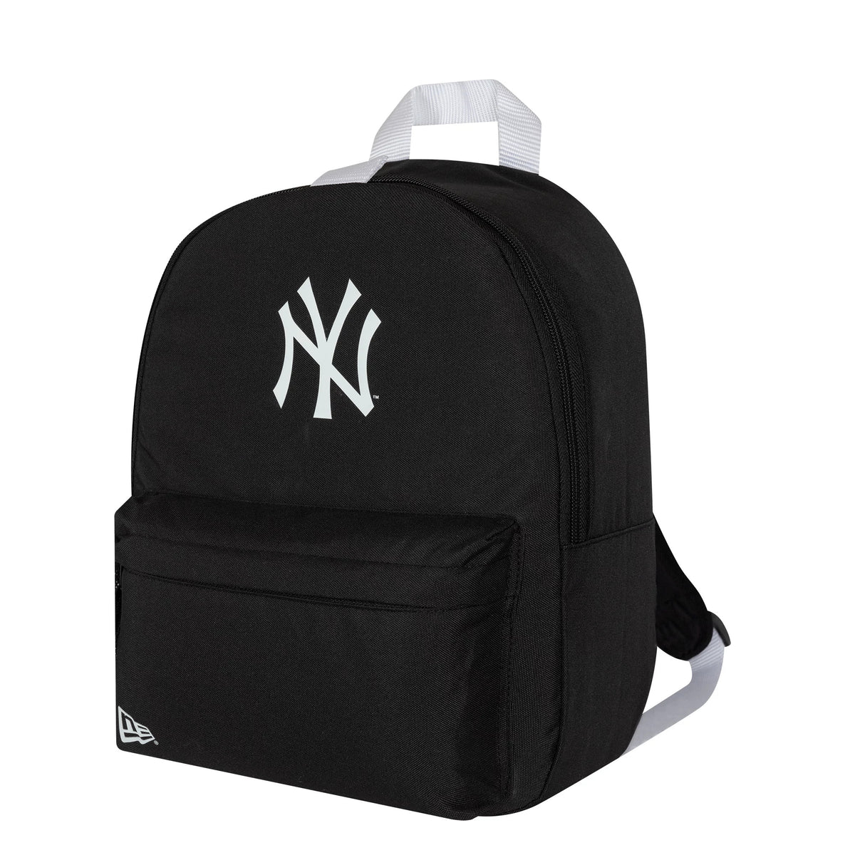 New Era New York Yankees MLB Black Stadium Mini Backpack, three-quarter view showing the black backpack with a raised white New York Yankees logo on the front, a front zip pocket, and a white carry handle on top.