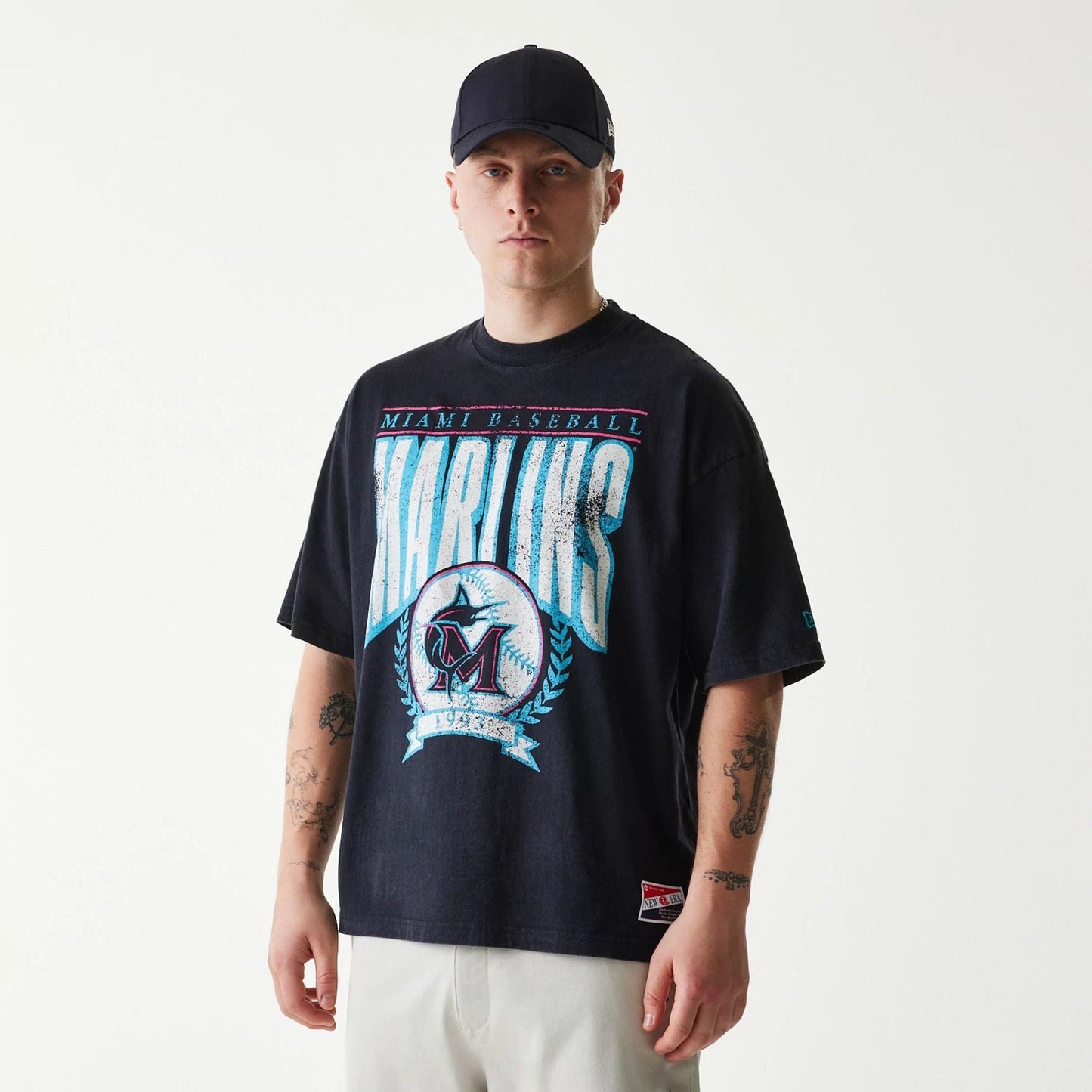 The Male model is wearing Miami Marlins MLB City Connect G1 Black T-Shirt 7