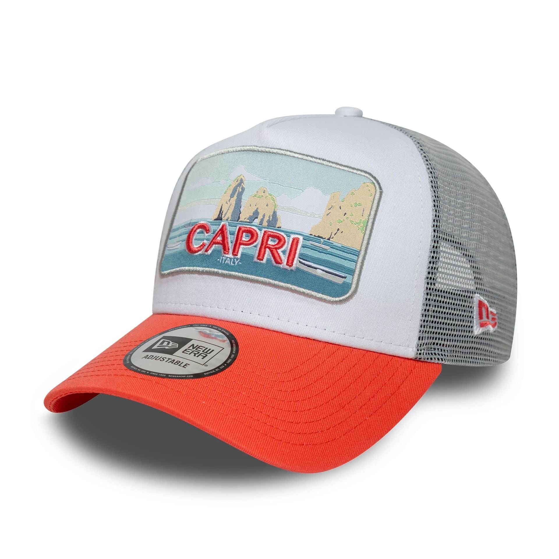 This is a New Era Summer Capri Orange 9FORTY A-Frame Trucker Adjustable Cap 1