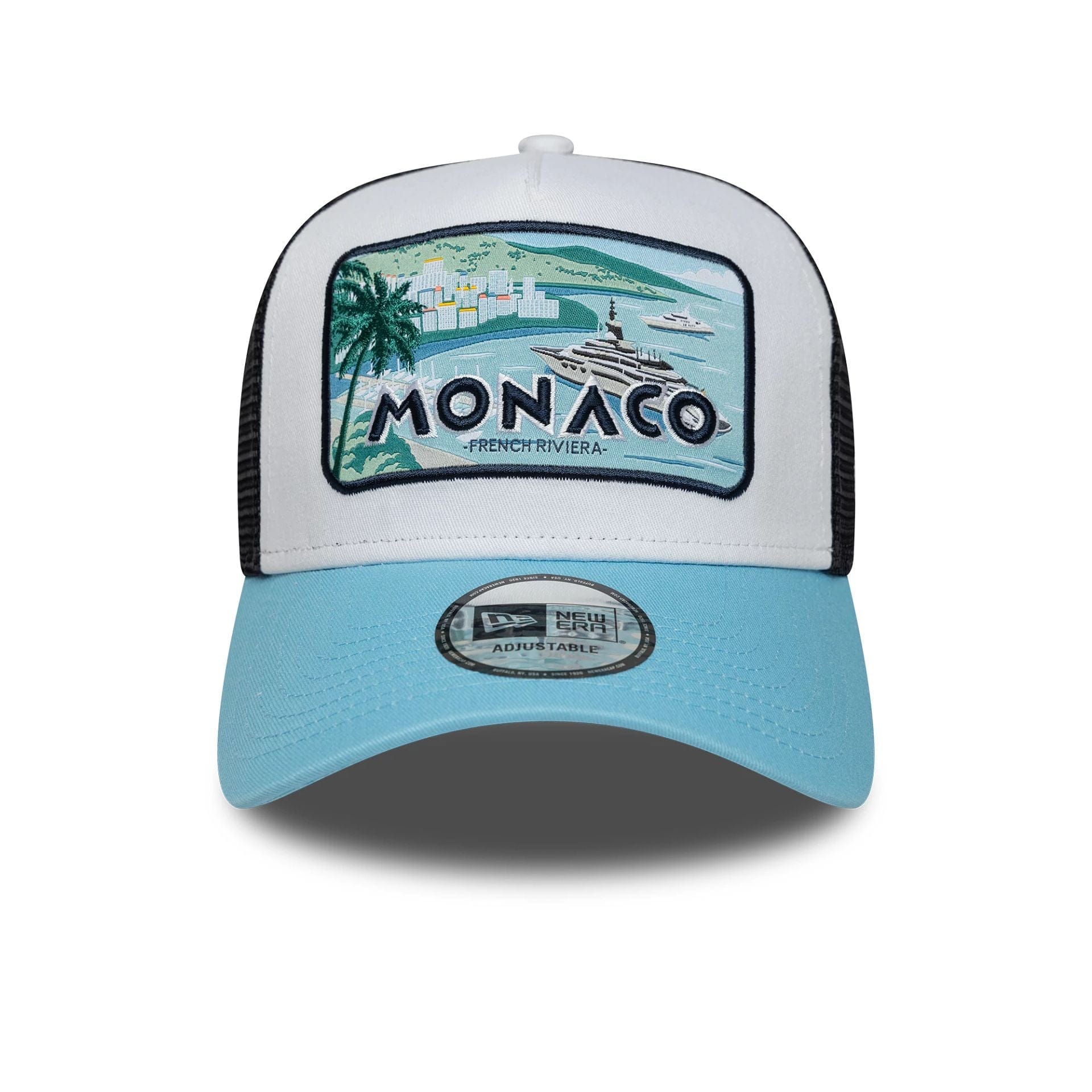 This is a New Era Summer Monaco Pastel Blue 9FORTY A-Frame Trucker Adjustable Cap 2