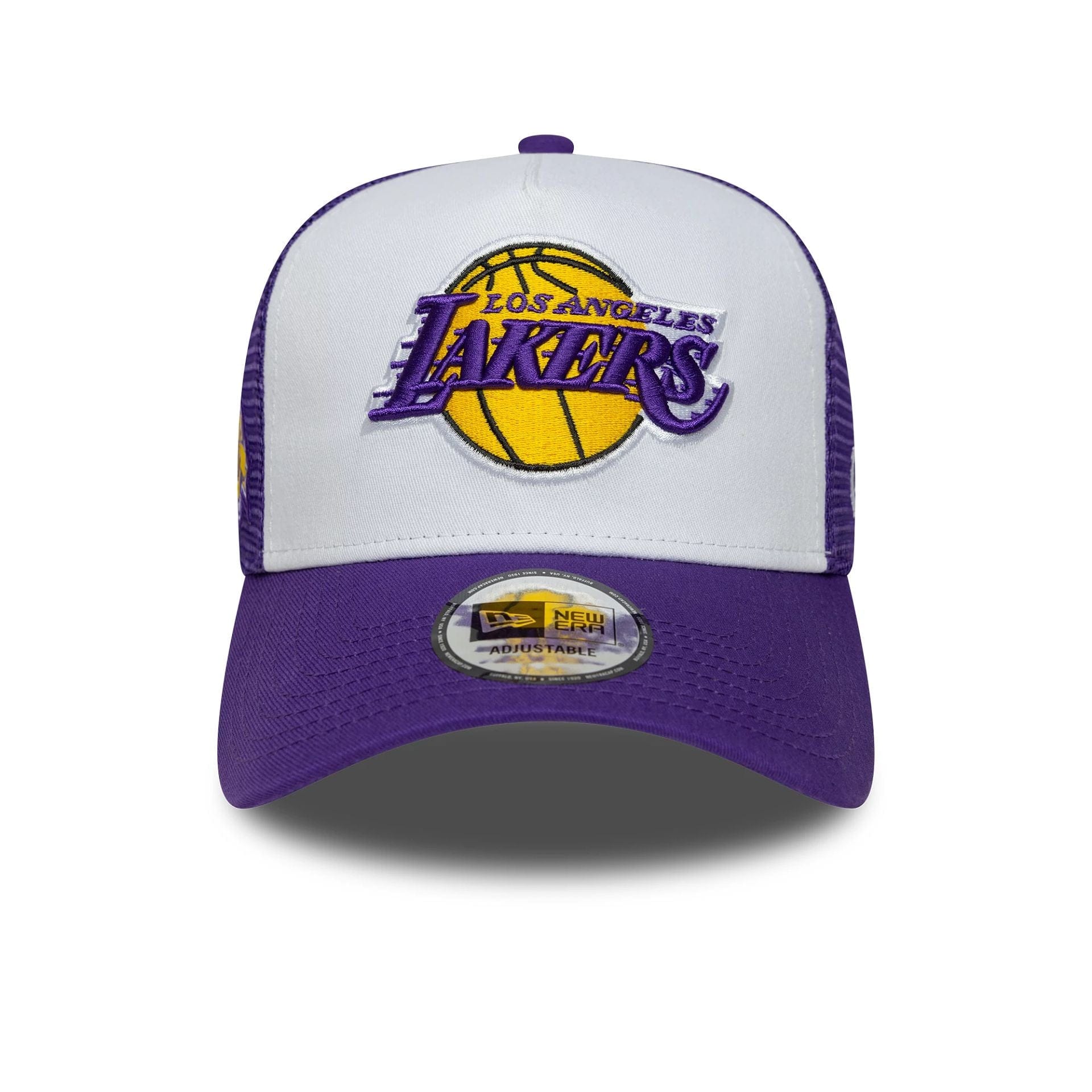 This is a LA Lakers NBA Side Patch Purple 9FORTY A-Frame Trucker Adjustable Cap 2