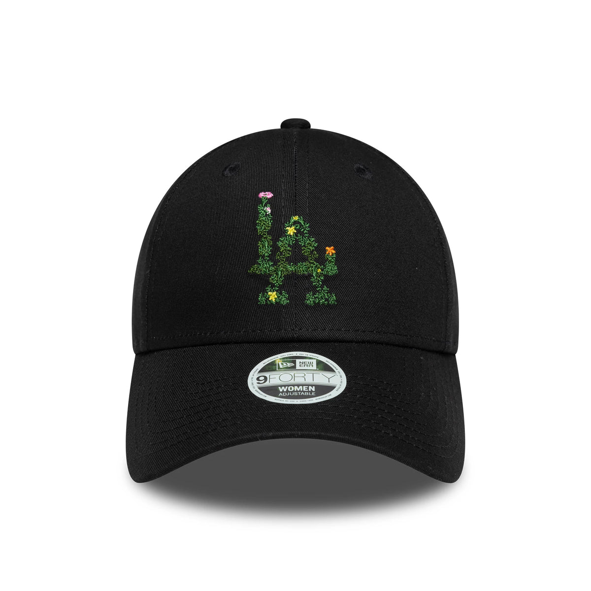 LA Dodgers Womens MLB Floral Infill Black New Era 9FORTY Adjustable Cap, front view showing the green and multicolour floral embroidery of the LA logo on the crown, with a grey 9FORTY size sticker on the black curved visor.
