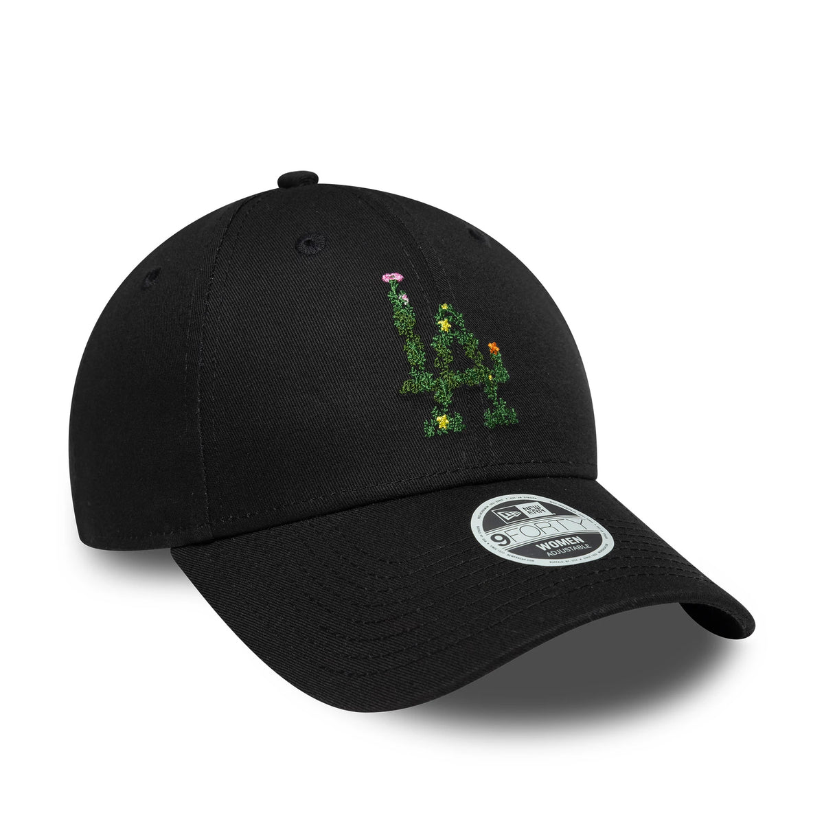 LA Dodgers Womens MLB Floral Infill Black New Era 9FORTY Adjustable Cap, front view with a green floral patterned LA logo embroidered on the black front panel and a 9FORTY size sticker on the curved black visor.