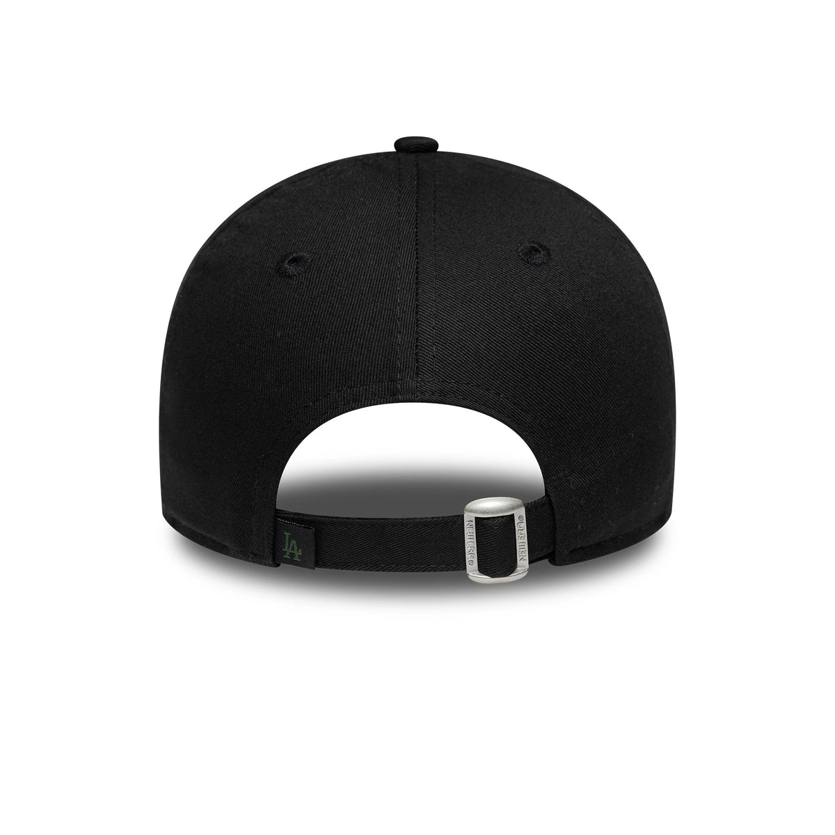 LA Dodgers Womens MLB Floral Infill Black New Era 9FORTY Adjustable Cap, rear view showing the black adjustable strap with a metal buckle and the green LA logo on the strap loop, set on the curved black crown.