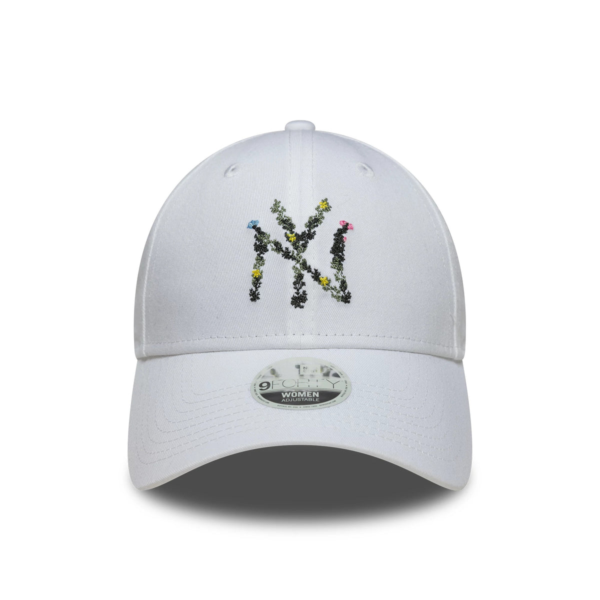 New York Yankees Womens MLB Floral Infill White New Era 9FORTY Adjustable Cap, front view showing the NY logo in floral embroidery on the structured white crown, with a 9FORTY size sticker on the curved visor.