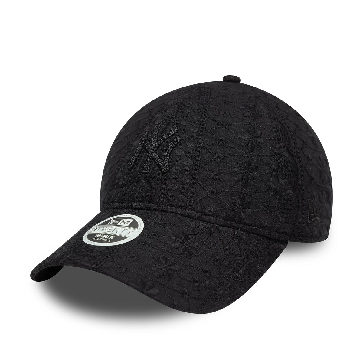 New York Yankees Womens MLB Broderie Black New Era 9TWENTY Adjustable Cap, front view with a black embroidered NY logo on the crown, detailed broderie pattern across the cap, a curved visor, and a 9TWENTY size sticker on top.