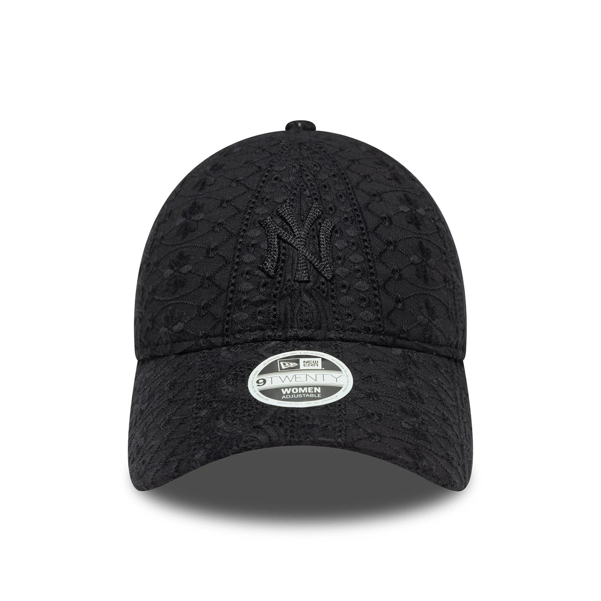 New York Yankees Womens MLB Broderie Black New Era 9TWENTY Adjustable Cap, front view showing black embroidered NY logo on the textured crown, with a curved visor and a 9TWENTY size sticker affixed to the visor.