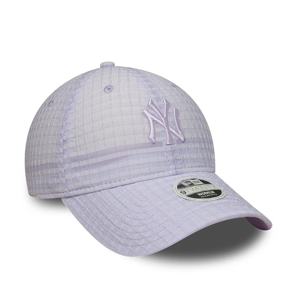 New York Yankees Womens MLB Seersucker Pastel Purple New Era 9TWENTY Adjustable Cap, front view with raised white embroidered NY logo on structured crown, pastel purple curved visor and 9TWENTY size sticker on the visor.
