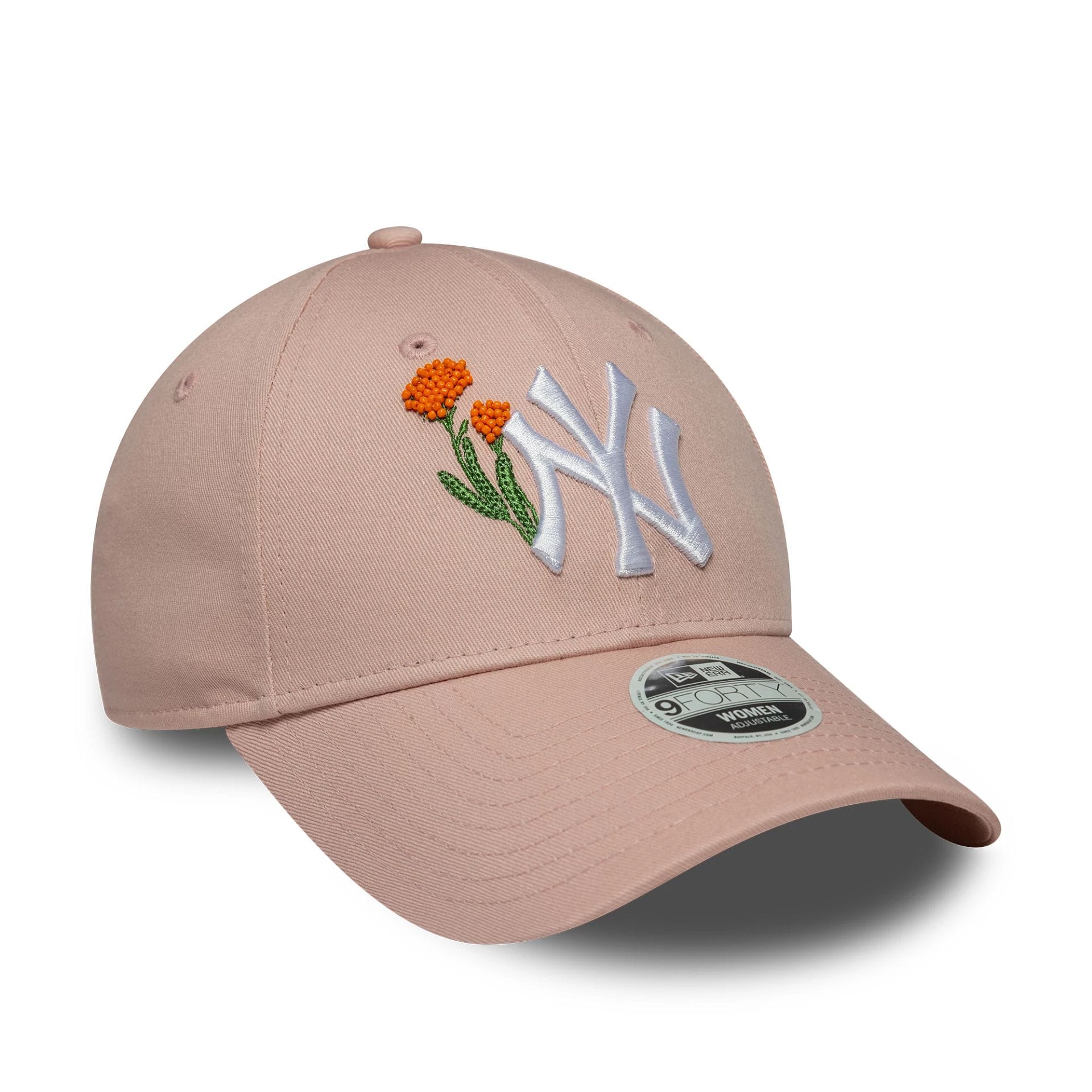 This is a New York Yankees Womens MLB Beaded Pastel Pink 9FORTY Adjustable Cap 1
