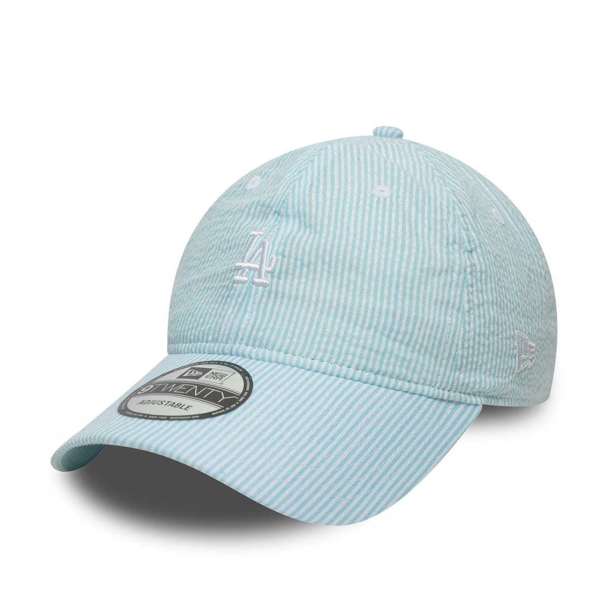 LA Dodgers MLB Seersucker Pastel Blue New Era 9TWENTY Adjustable Cap, front view showing the white embroidered LA logo on the front panel, blue and white stripe pattern, and a 9TWENTY size sticker on the curved visor.