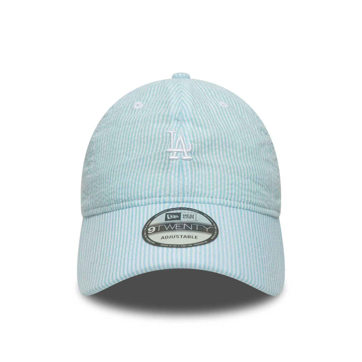 LA Dodgers MLB Seersucker Pastel Blue New Era 9TWENTY Adjustable Cap, front view showing the white embroidered LA logo on the unstructured pastel blue crown, with a 9TWENTY size sticker on the curved visor and embroidered eyelets.