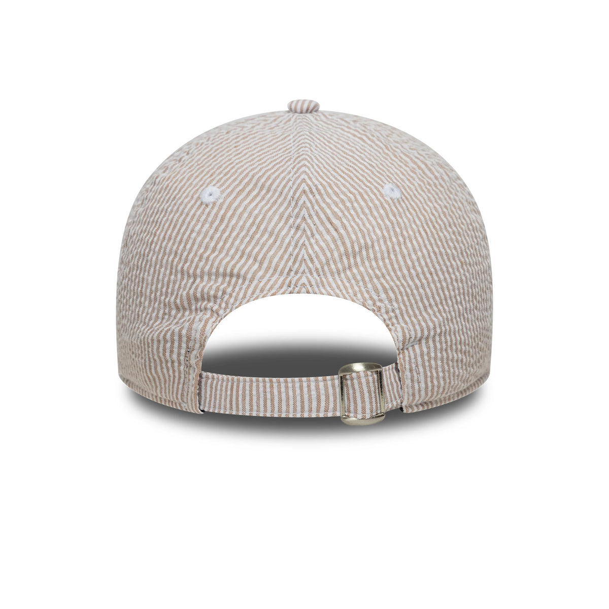 Athletics MLB Seersucker Light Beige New Era 9TWENTY Adjustable Cap, rear view showing the strap with metal buckle, centred on the light beige and white striped crown.