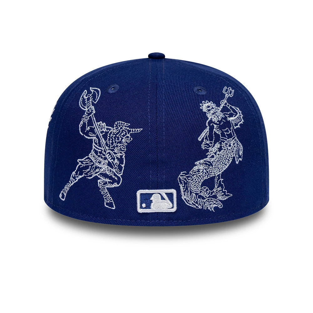 LA Dodgers MLB Mythical Dark Blue New Era 59FIFTY FItted Cap, rear view showing white embroidered mythical creature designs on the back panels with the white MLB Batterman logo at the centre bottom of the navy crown.