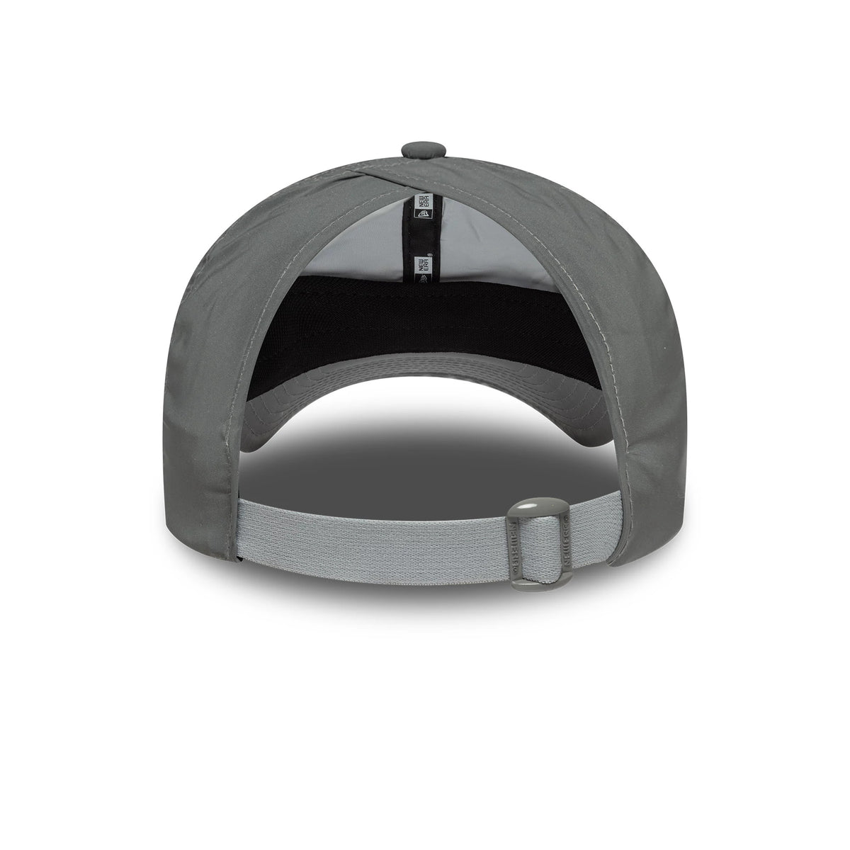 Womens New Era Recycled Reflective Silver Pony Tail Adjustable Cap, rear view with an open ponytail section, featuring a silver buckle on the adjustable strap and inner taping along the black sweatband.