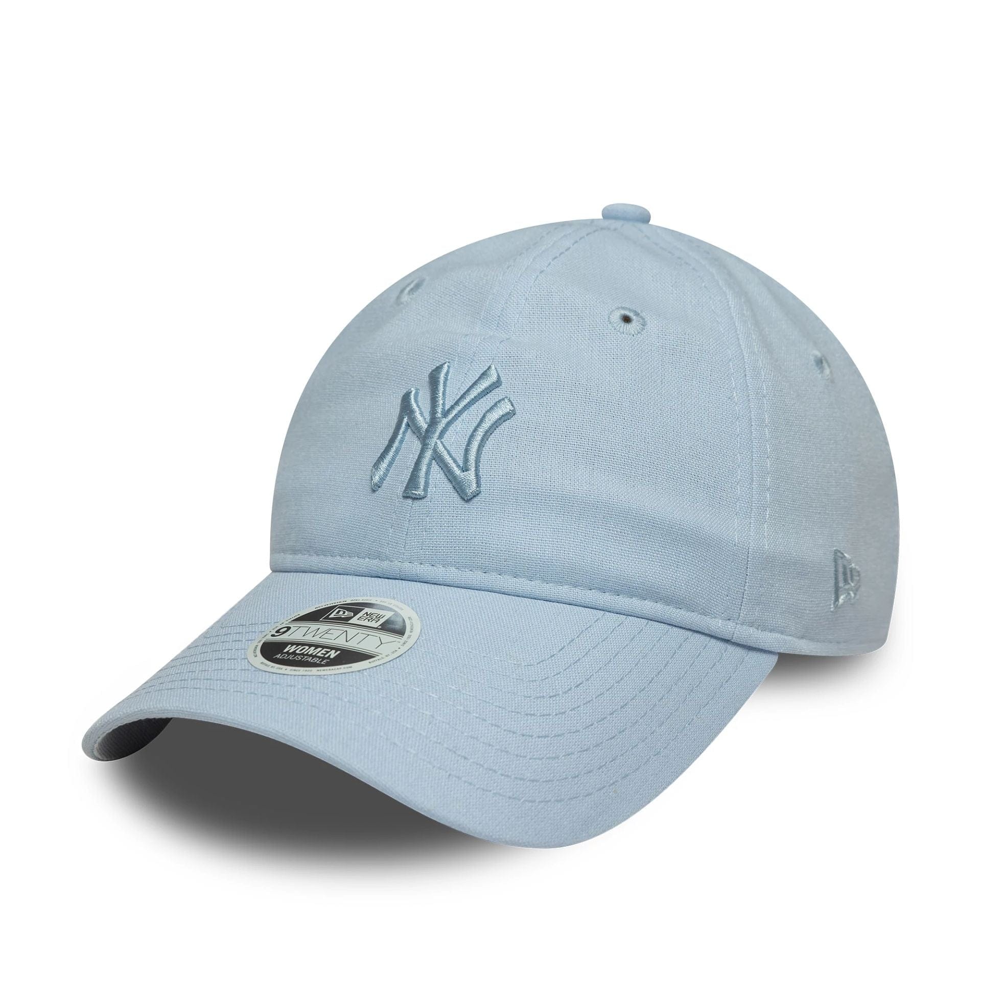 This is a New York Yankees Womens MLB Linen Pastel Blue 9TWENTY Adjustable Cap 1