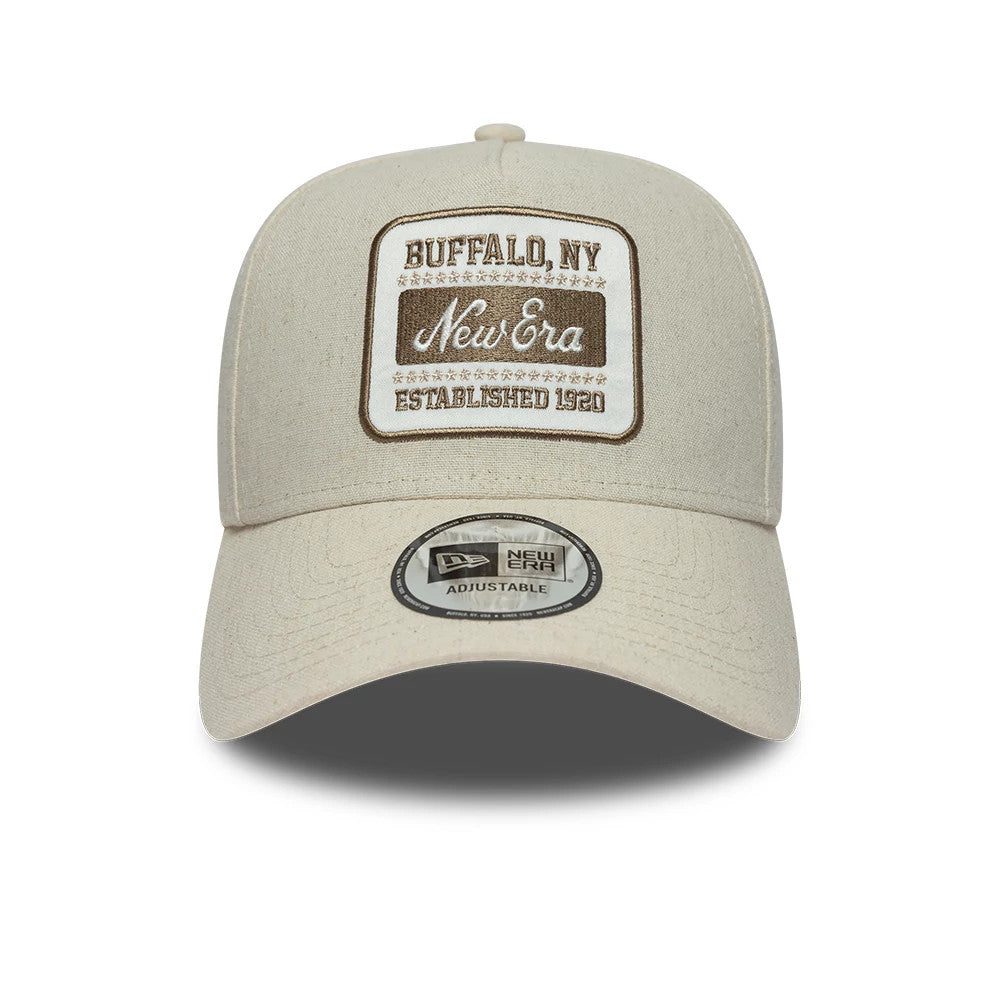 New Era Patch Line Cream 9FORTY E-Frame Adjustable Cap, front view showing a brown and white embroidered patch featuring Buffalo, NY and Established 1920 on the front panel, with a 9FORTY size sticker on the curved visor.